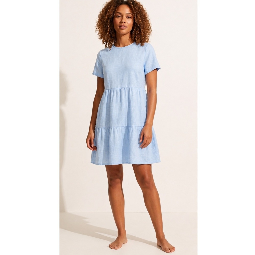 Alice Walk Linen Cotton Dress XL Light Blue Tiered Short Sleeve Mini Babydoll